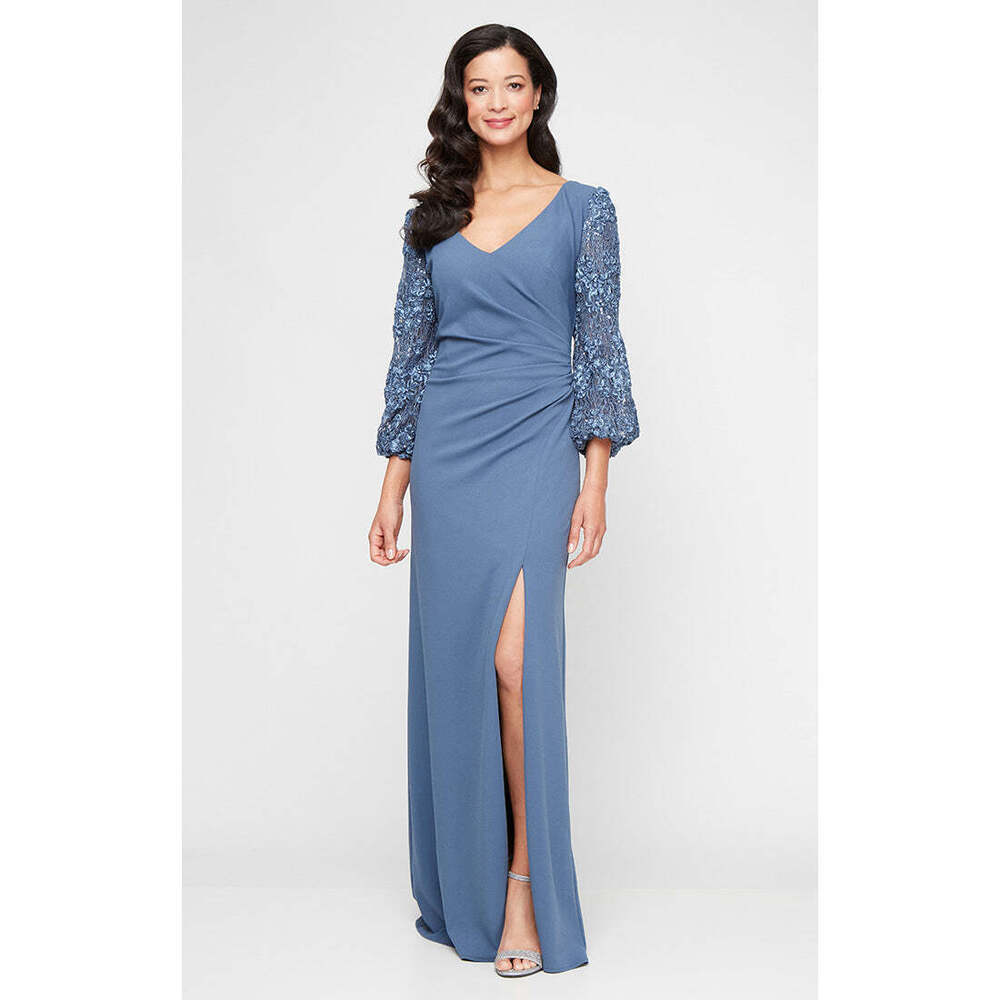 alexevenings.com Regular - Long Stretch Crepe V-Neck Dress with Soutache Illusio